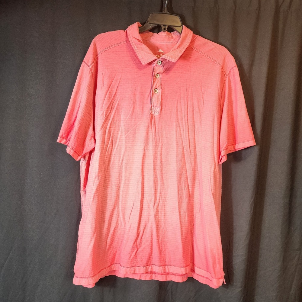 Tommy Bahama Mens XL Coral Textured Stripe Short Sleeve Polo Shirt 97% Cotton